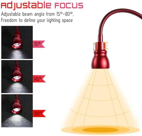 Zoomable Clip on Light, Clamp Reading Light for Dorm Bed Headboard, Dimmable Spotlight with 3 Color Temperature Options, 10 Dimmable Brightness Levels, Adjustable Beam Angle (Red)