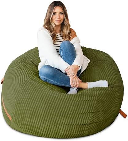 Big Joe Fuf 5Ft Oversized Foam Bean Bag Chair with Removable Cover for Kids, Teens, Adults, Moss Green, Corded Plush, 5 Foot Large Reading and Gaming Seat