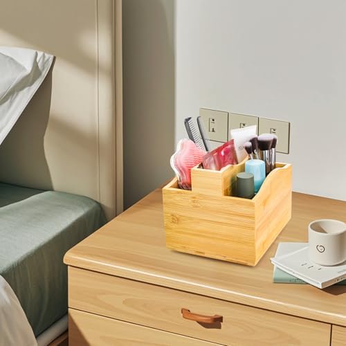 DEAYOU Bamboo Rotating Remote Caddy, 360 Degree Spinning Remote Control Holder, 5 Compartment Revolving Nightstand Bedside Table Organizer for Controller, Pen, Phone, Mail, Calculator, Office