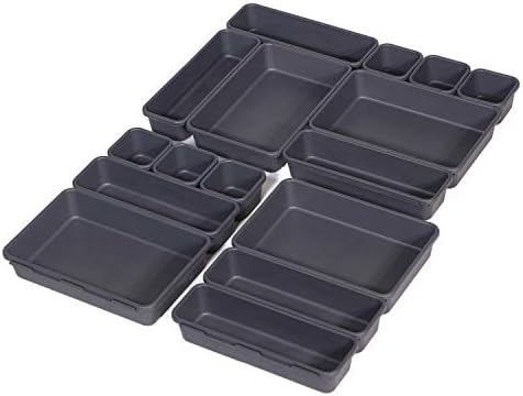 Set of 16 Interlocking Desk Drawer Organizer Tray Dividers Plastic Shallow Narrow Drawers Organizers Separators and Storage Bins Container for Kitchen Bathroom Makeup Office Vanity Bedroom Dresser