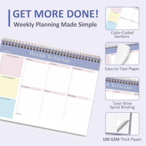Weekly To Do List Notepad, 52 Sheets, Undated Weekly Planner, Letter Size