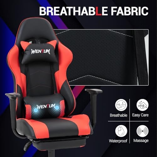 Gaming Chair with Footrest and Massage, PU Leather Video Game Computer Chair with Lumbar Support for Men Women, Home Office, Height Adjustable, Ergonomic High Back, Red