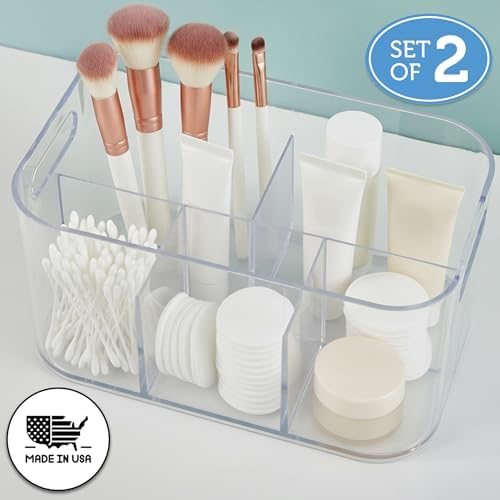 STORi Bliss 5-Compartment Plastic Cosmetics Storage Organizer, Set of 2 | Clear | Rectangular Divided Makeup Bin & Vanity Caddy with Pass-Through Handles | Round Corner Design | Made in USA