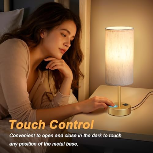 Touch Bedside Lamps for Nightstand - 14" Gold Desk Lamp with USB Ports