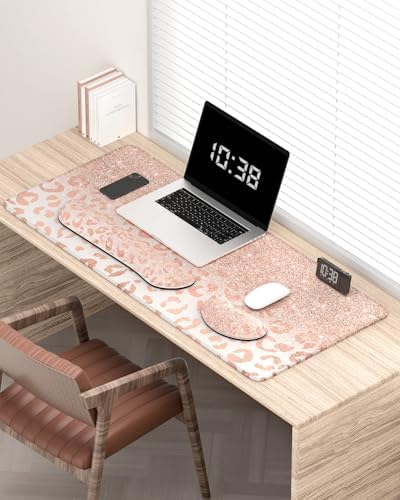 Auhoahsil Large Mouse Pad with Wrist Rests for Keyboard & Mouse, Thick Soft Ergonomic Memory Foam Wrist Supports, Big & Long Desk Mat 35.5 x 15.7 in, for Office Gaming Computer, Pink Gold Leopard