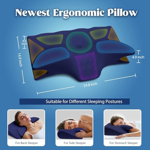 Cooling Contour Memory Foam Pillows Support Odorless Ergonomic Neck Pillow Adjustable Orthopedic Bed Pillow for Side Back Stomach Sleeper Cervical Pillow for Neck Pain Relief,with Pillowcase,Navy