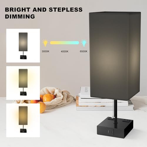 YIDPU Table Lamp for Bedroom with USB,Bedside Lamp with USB C+A Charging Ports,Adjustable 3color LED Light for Home Decor/Nightstand/Office,Included Bulb and Fabric Lamp Shade (Linen Black, 2PCS)