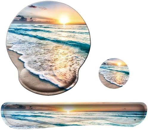Keyboard Wrist Rest Pad Mouse Pad with Wrist Support Set of 3, Mousepad with Non-Slip Rubber Base, Ergonomic Memory Foam Mouse Wrist Cushion Support for Home Office Laptop Computer Gaming, Beach