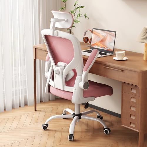 Office Chair, Ergonomic Desk Chair with Adjustable Lumbar Support, High Back Mesh Computer Chair and Headrest, Comfortable Gaming Chairs Rolling Swivel Task Chairs Flip-up Arms(Pink)