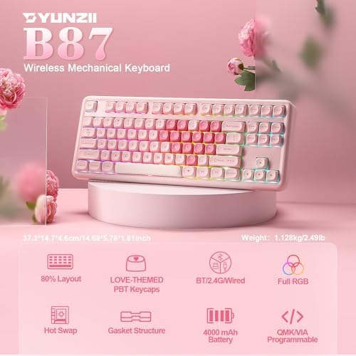 YUNZII B87 TKL Wireless Mechanical Keyboard (Pink,Cocoa V2)