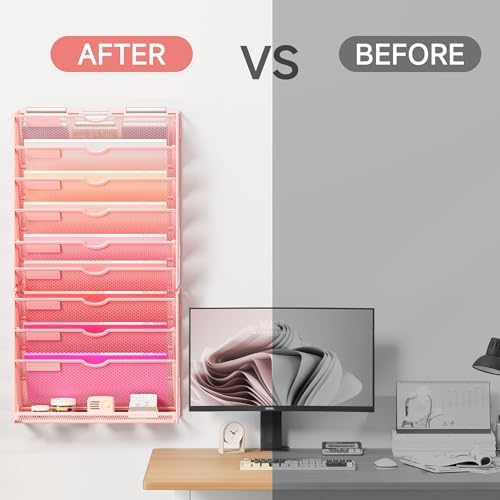 Lavatino 10-Tier Hanging Wall File Folders Organizer - Pink Metal Mesh Paper Magazine Document Mail Holder File Organizer for Office School Home Wall Mount or Desk Supplies Organization