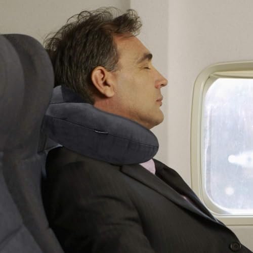 Inflatable Travel Pillow, Soft Velvet Inflatable Neck Pillow for Traveling, Airplanes, Train, Car, Office with Compact Bag, Breathable Washable Cover, Suit for Adults Sleeping - Grey