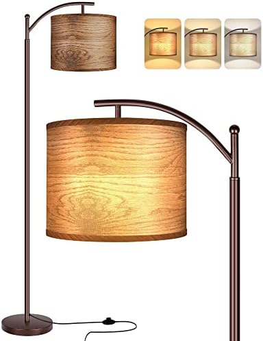 Floor Lamp for Living Room, LED Standing Lamp Tall Industrial Floor Lamp Reading for Bedroom, Office (9W LED Bulb, Wood Grain Lampshade Included) - Oil-Rubbed Bronze
