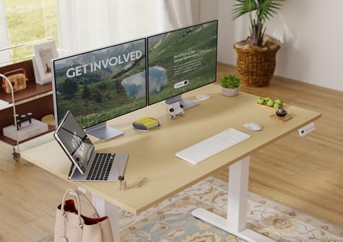 Seang Electric Standing Desk Adjustable Height, 48 x 24 Inch Sit Stand Desk with T-Shaped Frame, 3 Memory Presets & Cable Management for Home Office Computer Workstation, White Frame/Nature Top