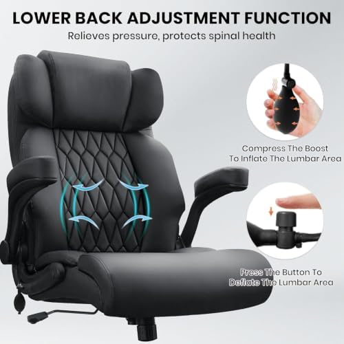 500lbs Big and Tall Office Chair Adjustable Lumbar Support for Back Pain, Extra Wide Seat Executive Office Chair Thick Armrest Pad, Heavy Duty Base&Upgraded Wheels, Ergonomic Desk Chair