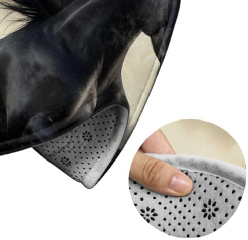 Soft Round Yoga Carpet, Large Home Decor Mat, Non Slip Machine Washable Kitchen Office Circle Rug Horse Black