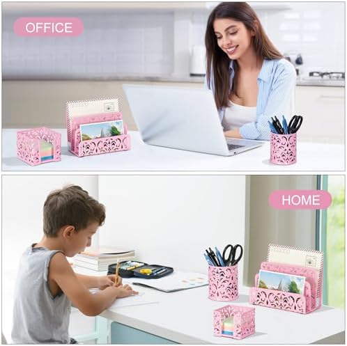 EasyPAG Desk Organizers and Accessories 3 Pieces Office Organizer Set - Pen Holder for Desk, Mail Sorter Countertop and Sticky Note Holder, Pink