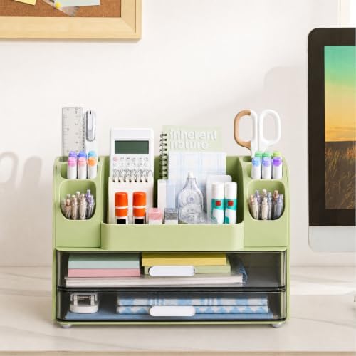 HBlife Desk Organizer with Pencil Pen Holder for Desk, Pen Organizer with 2 Drawers, Desk Organizers and Accessories with Compartments, Desktop Storage for Office, Home, School, Art Supplies, Green