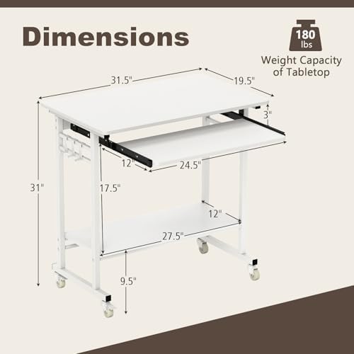 Rolling Desk with Keyboard Tray, Small Computer Desk with Wheels (White)