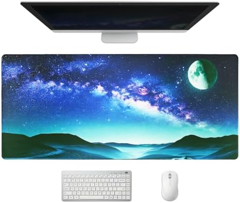 Extended Galaxy Full Moon Desk Mat, XXL Large Gaming Mouse Pad, Moon Starry Sky Stitched Edges Waterproof with Non-Slip Rubber Base for Computer Keyboard Laptop Work Home Office 35.4"x15.7"