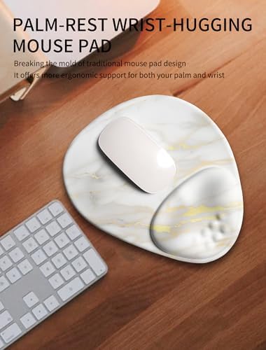 Palm-Rest and Wrist-Hugging Mouse Pad Wrist Rest, Ergonomic Wrist Support with Curve Fitting Cushioned Memory Foam for Carpal Tunnel Pain Relief, 9.9 x 8.3 Inch, Platinum Marble