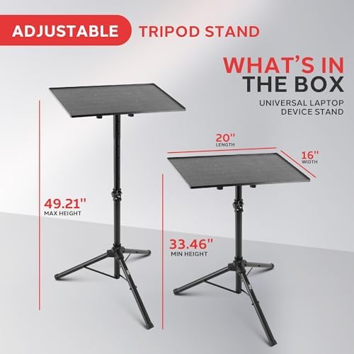 Pyle Universal Projector Stand | Height & Angle Adjustable Tripod 33" to 49" | Platform is 20" by 16" Fits Laptops, Computers, DJ Equipment & Projectors | Perfect for Stages, Studios & Offices | Black