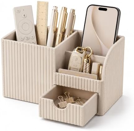 KINGFOM Luxury PU Leather Desk Organizer with Drawer, Modern Aesthetic Office Desk Accessories for Men & Women, Multi-Compartment Pen Holder & Desktop Storage Organizer for Home Office