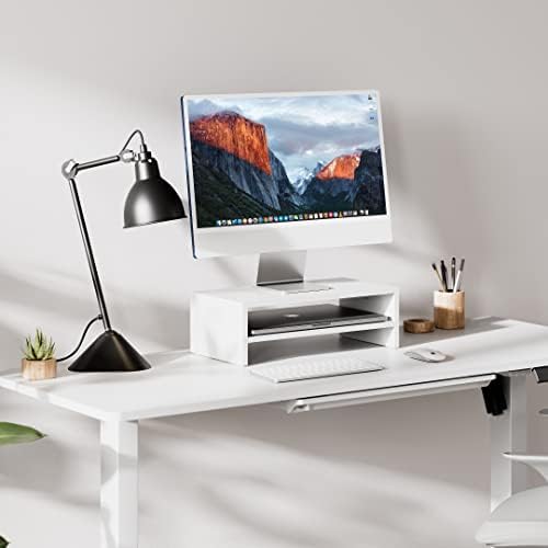 FITUEYES Wooden Monitor Stand Riser, 2-Tier Desk Storage Shelf, White