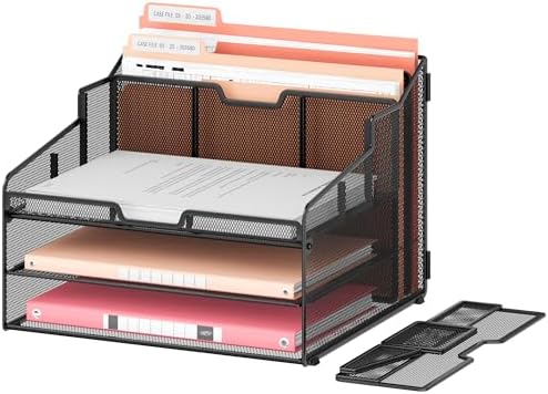 Lavatino Desk Organizer - Metal Mesh with 2 Paper Letter Trays, 7 Flexible Dividers, 2 Vertical File Holders for Office/Home/Classroom Supplies, Desk Organizers and Accessories, Black