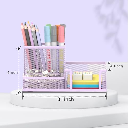 SUPEASY Mesh Pen Holder Desk Organizer, Office Supplies Pencil Storage with 3 Compartments, Office Desk Accessories and Workspace Organizers for Home School Classroom, Purple