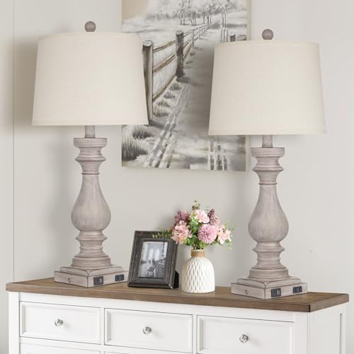 Cinkeda 29" Tall Table Lamp for Living Room Set of 2,Vintage Bedside Nightstand Lamps with USB C+A Ports & AC Outlet,3-Way Dimmable Touch Control Desk Lamp for Bedroom,Color 2