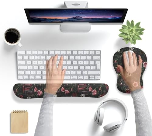 Gothic Skull Rose Ergonomic Mouse Pad with Wrist Rest & Keyboard Wrist Support Set - Non-Slip Gaming Office Desk Mat, Comfortable Memory Foam Cushion for Computer/Laptop Users, Home Office Workers