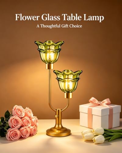 Lightdot Green Glass Flower Table Lamp Vintage 2 Bulbs Included Dimmable