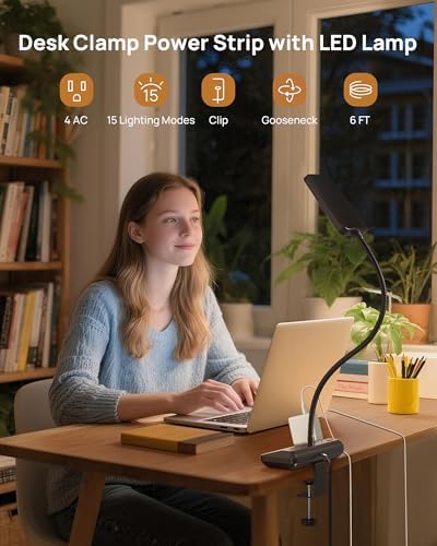 TROND LED Desk Lamp with Clamp Power Strip, 6ft Flat Plug Extension Cord