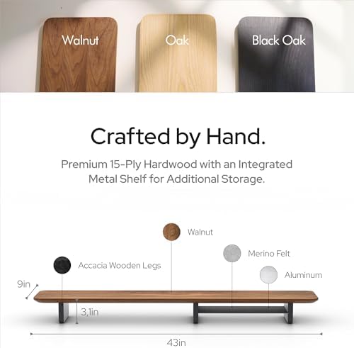KIVY Dual Monitor Riser with Integrated Metal Shelf - Wooden desk shelf