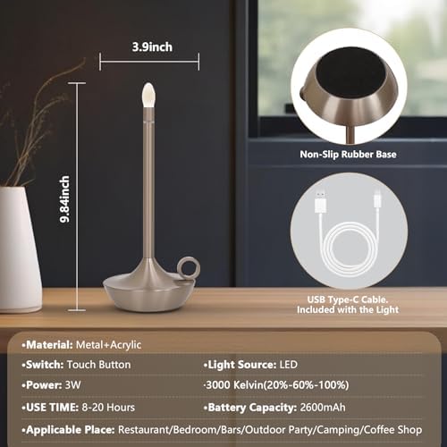 Rechargeable Cordless Table Lamp, Battery Table Light | Stepless Dimming Portable LED Table Light with Memory Function, for Outdoor/Dinner/Patio/Restaurant.(Black)