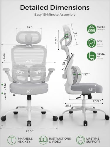 Ergonomic Office Desk Chair, Adjustable Dual Lumbar Support & Thick Seat