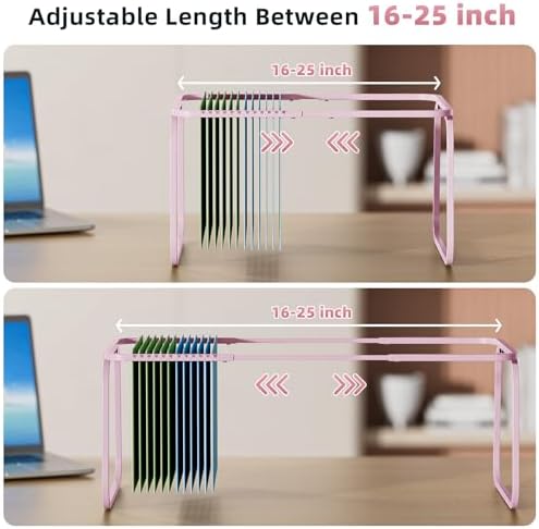 Marbrasse Hanging File Folder Frame, Adjustable Letter Size File Holder 16-25 Inches, Metal File Cabinet Rails for Office, Home, School, Pink