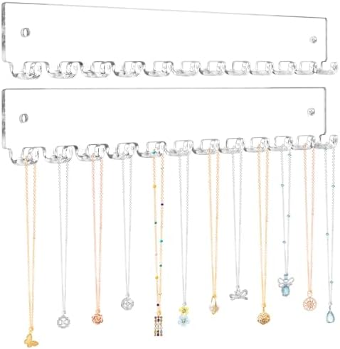 Acrylic Necklace Holder 2 Pack Wall Mounted Necklace Organizer Hanging Jewelry Organizer with 12 Hooks for Necklaces, Bracelets, Rings and Bangles Display