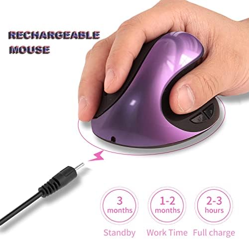 Ergonomic Mouse,Rechargeable Small Vertical Mouse with 6 Buttons Adjustable 800/1200/1600 DPI Purple Wireless Mouse for Laptop, Desktop, PC, MacBook