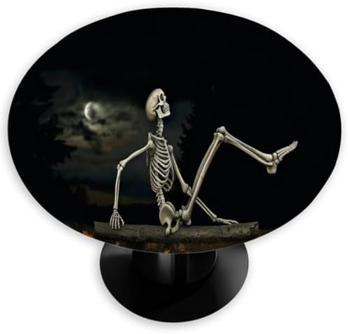Round Tablecloth with Elastic Edged, 45-56 inch Funny Skeleton Stretching Halloween Night Table Covers Waterproof Washable Table Cloths Mat for Picnic Indoor 0utdoor Dinning Patio Table