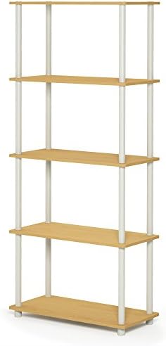 Furinno TURN-N-TUBE Storage Shelves, 5-Tier Book Shelf, Corner Shelf, Toolless Open Shelves, for Organization and Storage, Living Room, Garage, Home Office, Beech