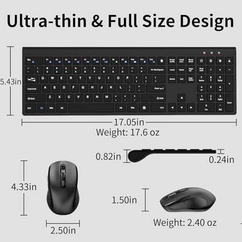 Wireless Keyboard and Mouse, Slim Full Size Keyboard with Calculator Button, Fn Lock, Silent Computer Mouse with Side Button, 2400 DPI, 2.4G USB Cordless Set for Laptop PC Windows Mac -Black