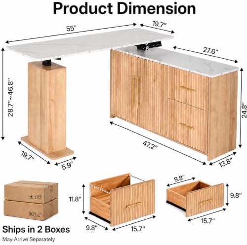 NORTHSKY 55" L-Shaped Electric Standing Desk with Drawers and Storage Cabinet, Height Adjustable Corner Desk for Home Office, 3 Memory Presets, Natural Oak & White Marble