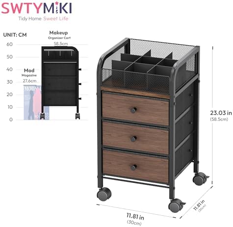 SWTYMIKI Rolling Makeup Organizer Cart - Under Desk Vanity Makeup Storage with 3 Non-woven Drawers, Nail Cart Organizer Cosmetic Display Cases Cabinet for Skin Care Perfume Nail Polish Brush Hair Tool