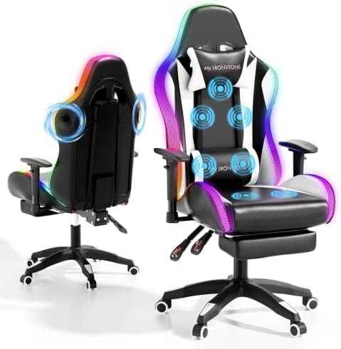 Mr IRONSTONE RGB Gaming Chair with Bluetooth Speakers, Multi-Point Vibration Massage Gaming Chair (Seat, Back & Lumbar), Ergonomic High Back Recliner, Footrest for Adults, Iridescent Black