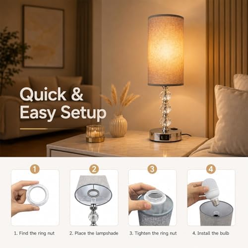 Crystal Table Lamp 14.6", 3-Way Dimmable with Touch Control, USB Charging Ports & AC Outlet, Bulb Included, – 3000K Warm White for Bedroom Living Room