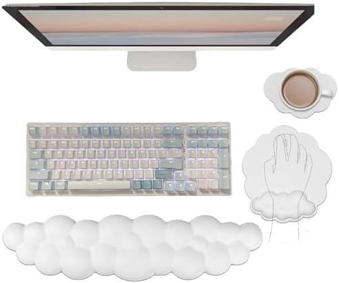 Cloud Wrist Rest Keyboard Cute Cloud Mouse Pad with Wrist Rest for Keyboard and Mouse Leather Cloud Wrist Pad Non-Slip Wrist Support for Computer Gaming Home Office Desk Decor Relief Pain White