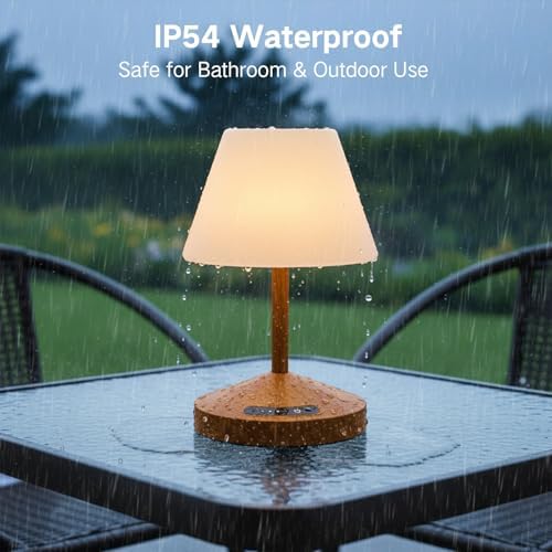 OUTON Rechargeable LED Shower & Table Lamp, Waterproof, USB Output, Stepless Dimming, 3 Colors, Power Indicator, Memory Function, Battery Operated Light for Home, Bathroom, Patio & Outdoor (Wood)