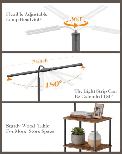 LED Floor Lamp with Table, 18W Bright Reading Floor Lamp for Office, Narrow Side Table with Dual Head Goose-Neck, Adjustable Brightness & Color Temp, End Table with Storage Shelves-Rustic Brown